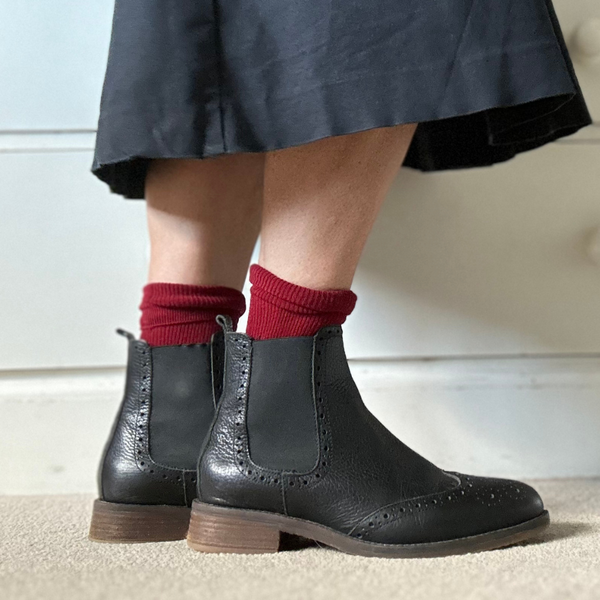 Cathy in ankle boots with burgundy merino socks