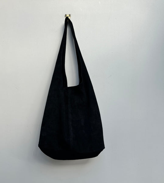 Black Suede Slouchy Tote in natural light