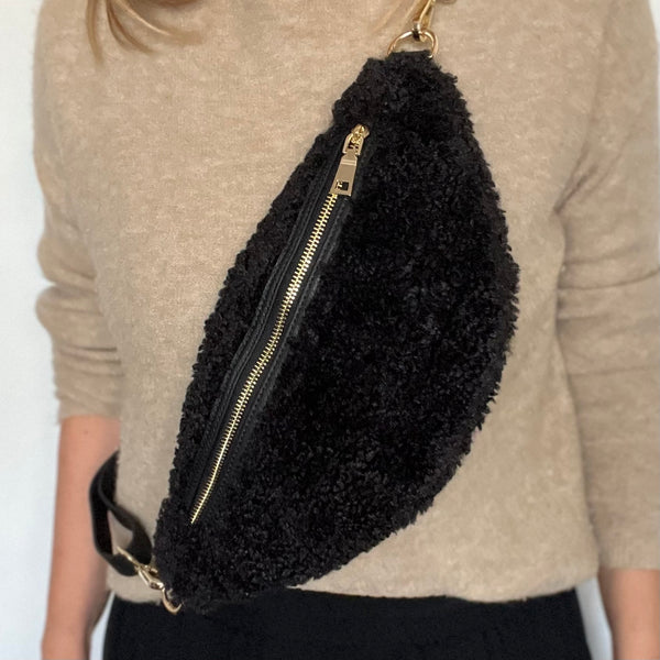 Black Shearling Waist Crossbody Bag