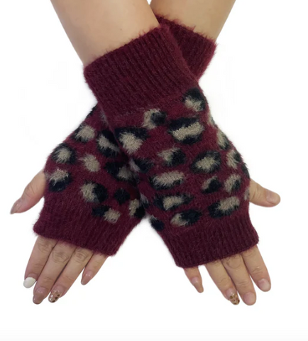 Burgundy Leopard Print Knit Hand Warmers