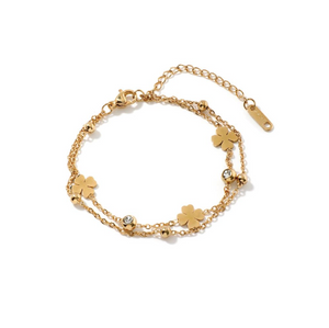 Gold and Sparkle Clover Double Chain Bracelet