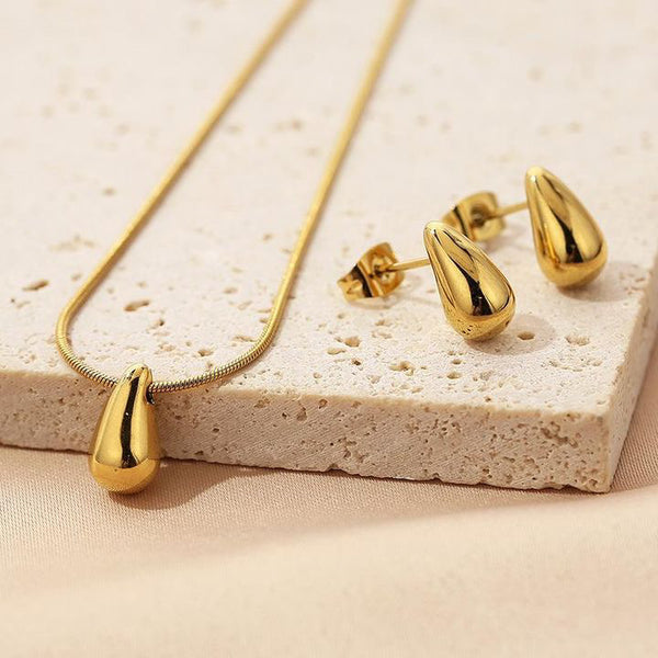 Gold teardrop earrings and necklace from MisGraceful waterproof and tarnish proof