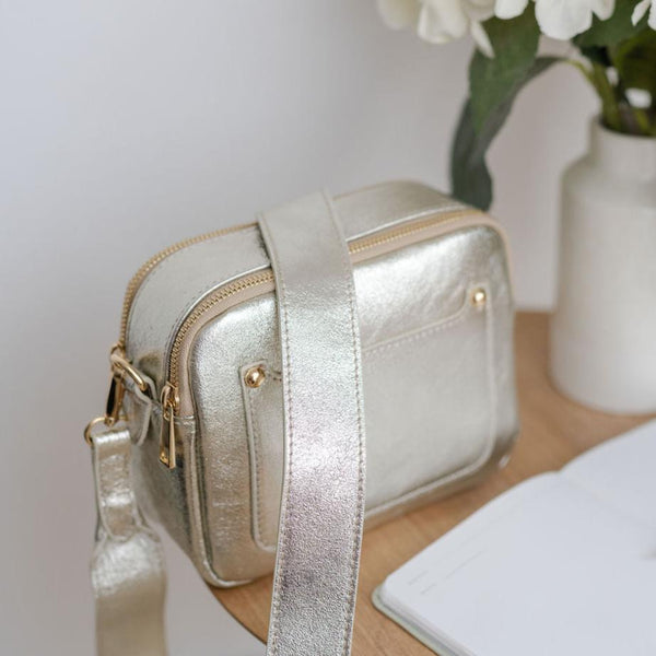 Gold Leather Double Zip Cross Body Bag