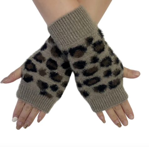 Mocha Leopard Print Knit Wool mix Wristwarmers