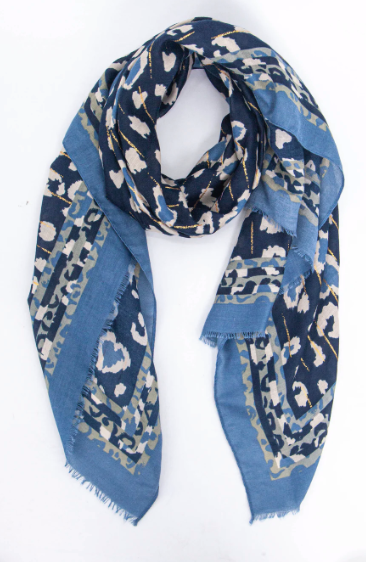 Percy Lightweight Scarf - Blue, Leopard Border