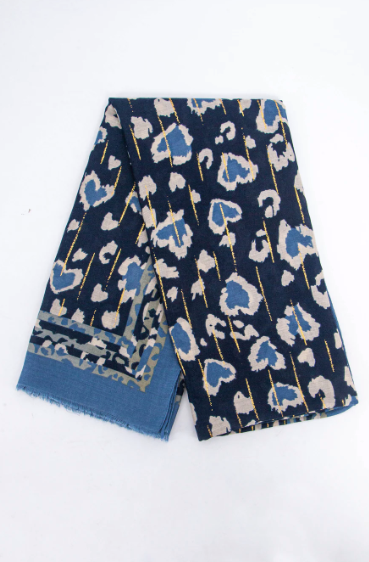 Percy Lightweight Scarf - Blue, Leopard Border