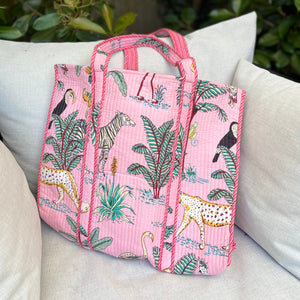 Pink Jungle Print Large Cotton Tote Bag