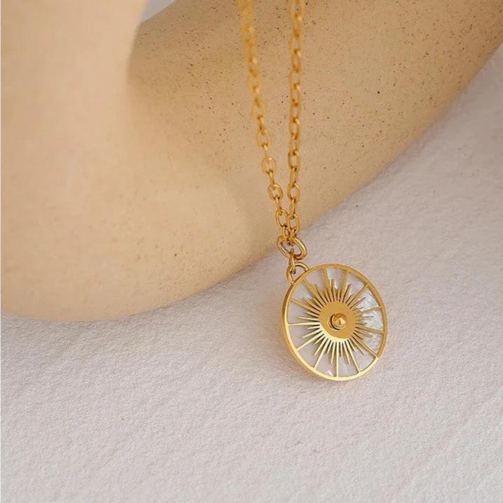 Gold and Mother of Pearl Sunburst Pendant Necklace from MisGraceful Jewellery