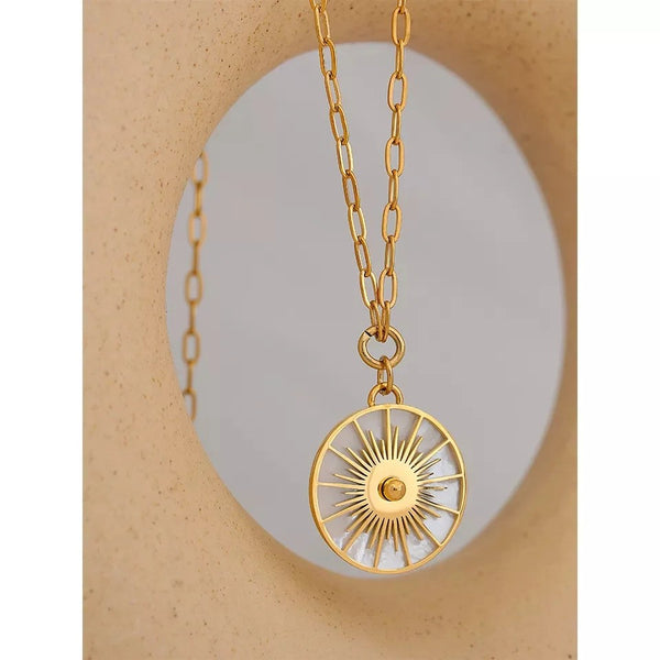 Gold and Mother of Pearl Sunburst Pendant Necklace from MisGraceful Jewellery