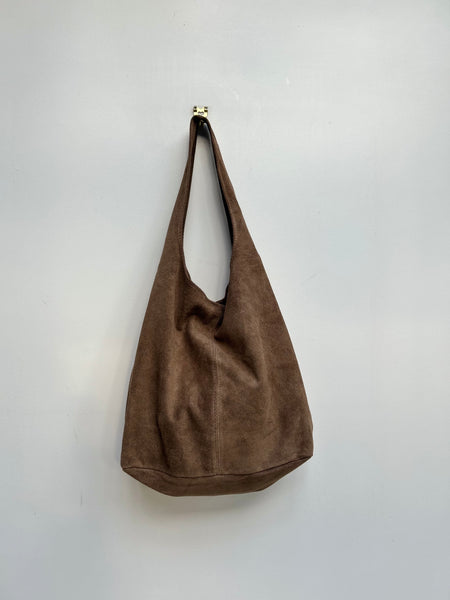 Taupe Suede Slouchy Tote in natural light