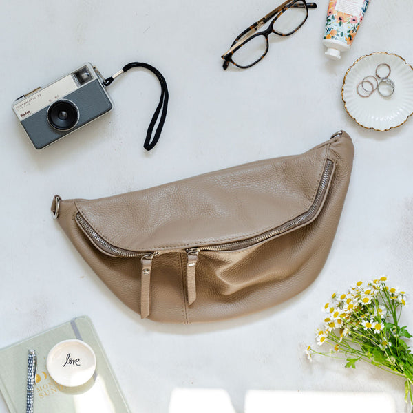 Taupe Leather Large Waist Bag (silver hardware)