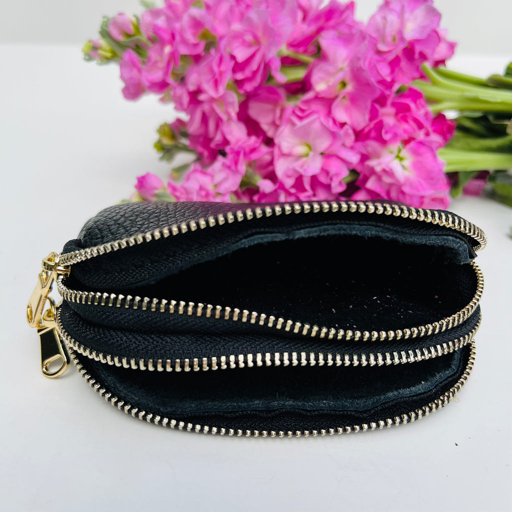 Black Leather Double Zip Coin Purse – Alice's Wonders UK