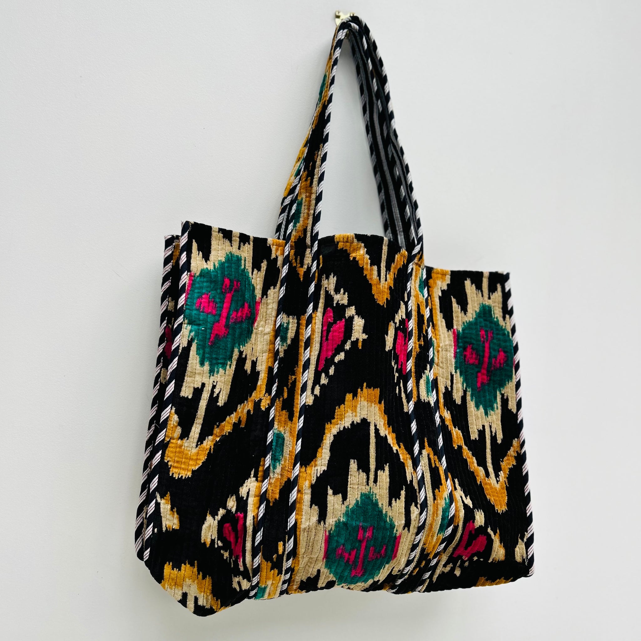 Black Ikat Print Large Velvet Tote Bag