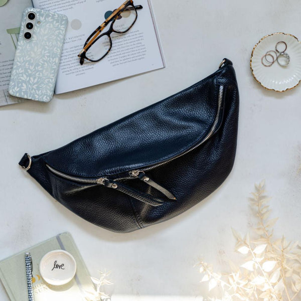 Black Large Leather Waist Bag with silver hardware - photographed by AnySomething Photography