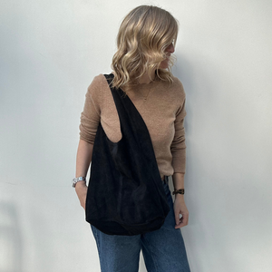 Black Suede Slouchy Tote carried by Cathy