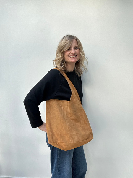 Camel Suede Slouchy Tote worn by Cathy