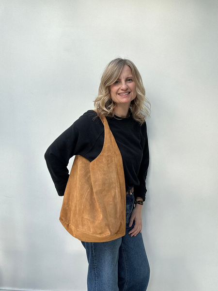 Camel Suede Slouchy Tote worn by Cathy