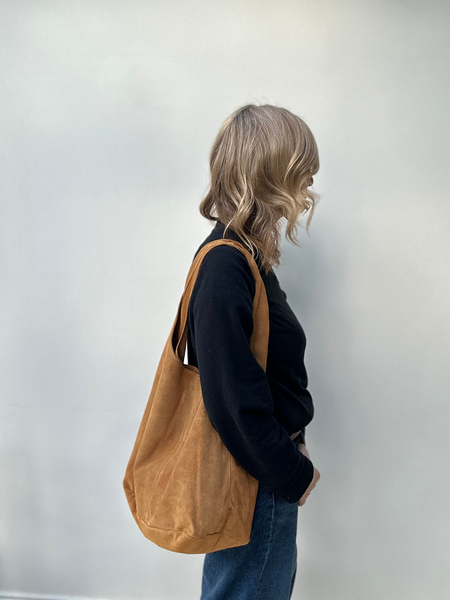 Camel Suede Slouchy Tote worn by Cathy