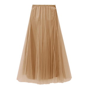 Caramel Tulle Midi Skirt with Gold Waistband