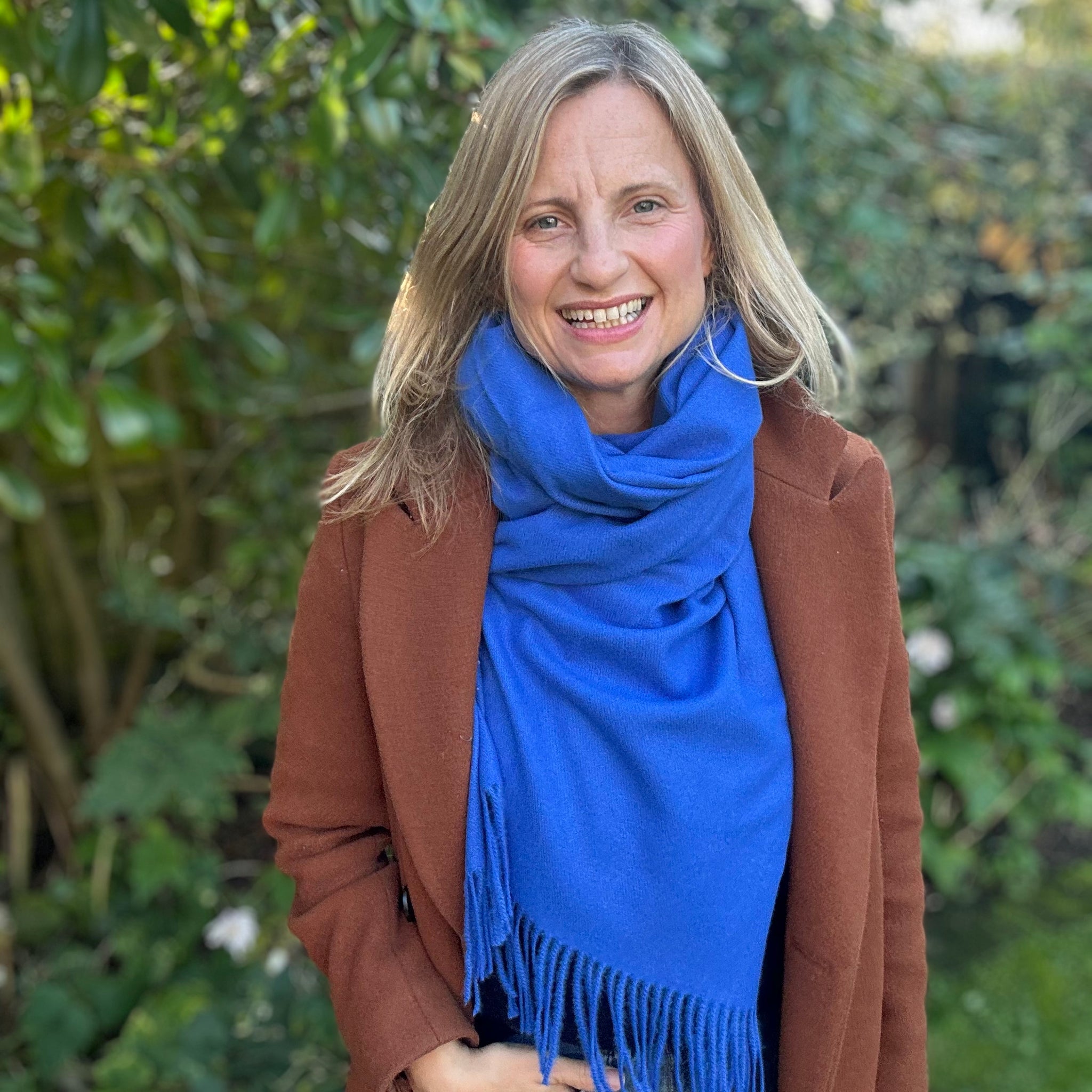 Cobalt Blue Plain Wool Scarf worn by Cathy 