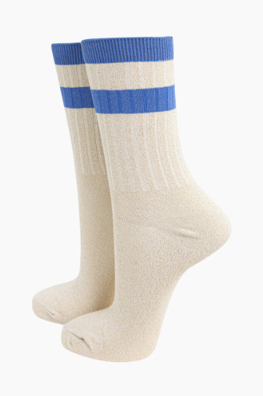 Women's Glitter Socks - Cream/Denim Blue, Striped Cuff