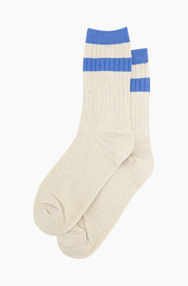 Women's Glitter Socks - Cream/Denim Blue, Striped Cuff