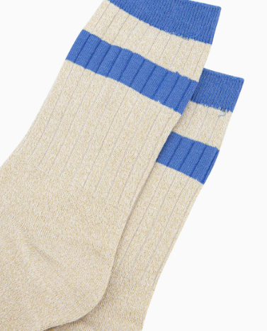 Women's Glitter Socks - Cream/Denim Blue, Striped Cuff