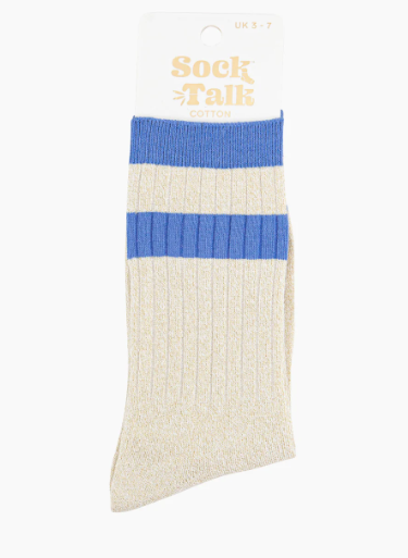 Women's Glitter Socks - Cream/Denim Blue, Striped Cuff