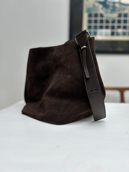 Dark Chocolate Suede Bucket Bag