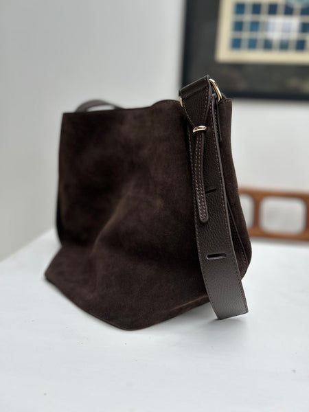 Dark Chocolate Suede Bucket Bag