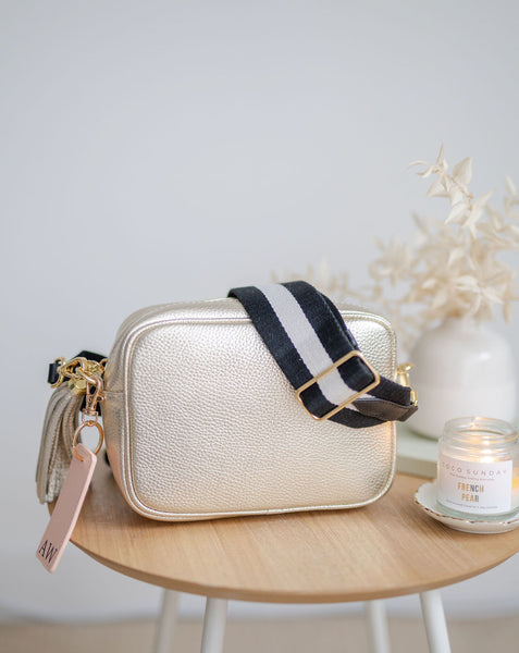 Gold Leather Tassel Cross Body Bag with monochrome strap