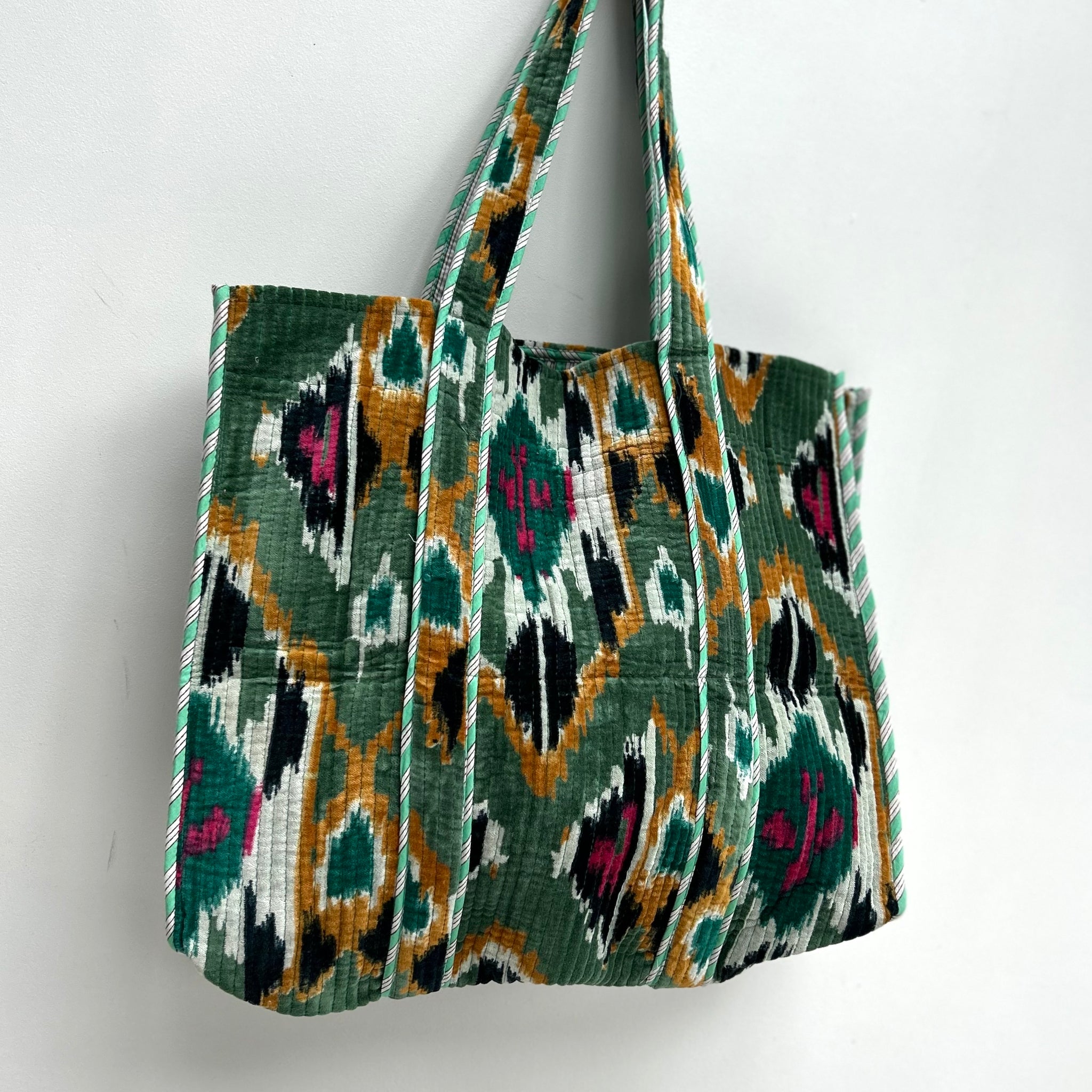 Green Ikat Print Velvet Tote