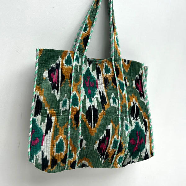 Green Ikat Print Velvet Tote