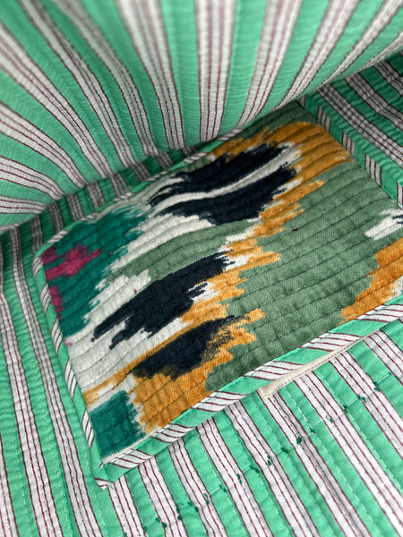 Green Ikat Print Velvet Tote interior pocket