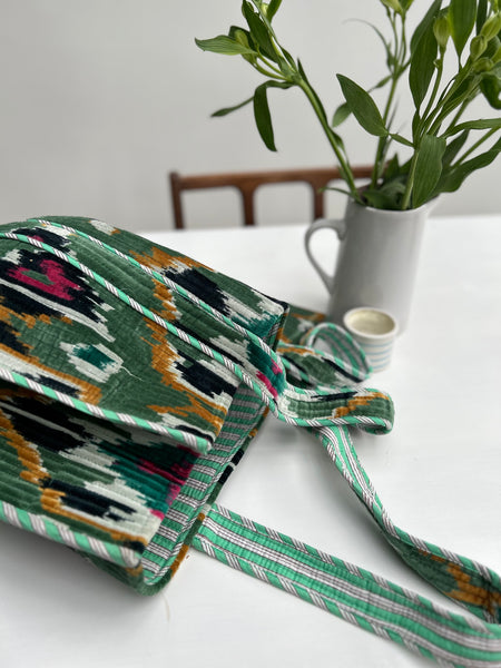 Green Ikat Print Velvet Tote