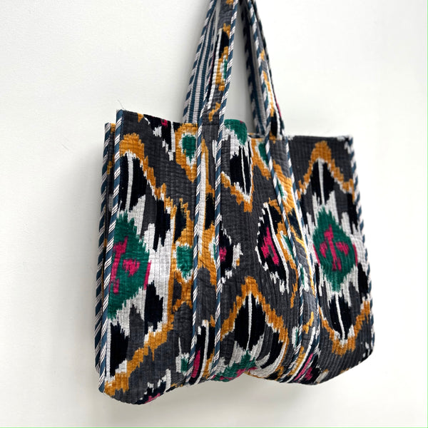 Grey Ikat Print Velvet Tote Bag