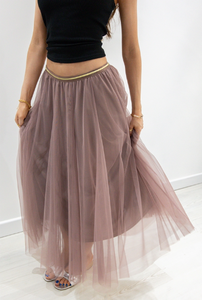 Mink Tulle Midi Skirt with Gold Waistband