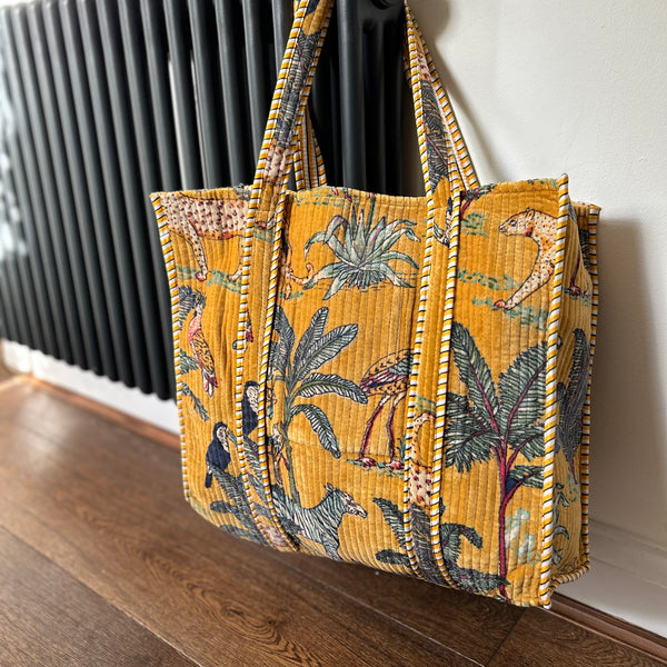 Mustard Jungle Print Large Velvet Tote Bag