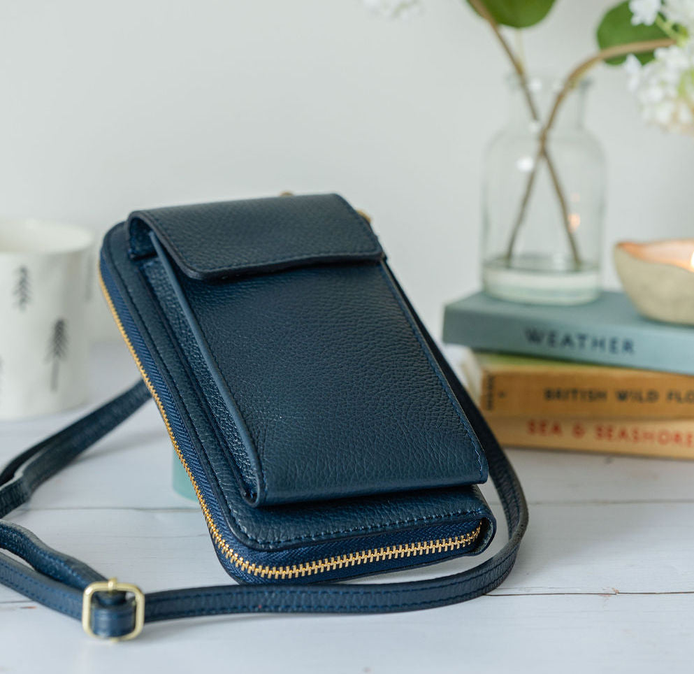 Navy Blue Leather Purse / Phone Crossbody