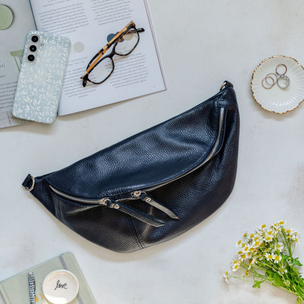 navy blue Large Leather Waist Bag with silver hardware - photographed by AnySomething Photography