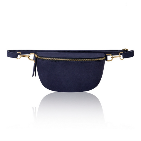 navy blue suede crossbody waist bag