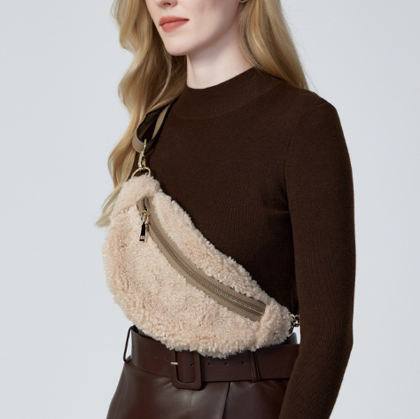 Taupe Shearling Waist Crossbody Bag