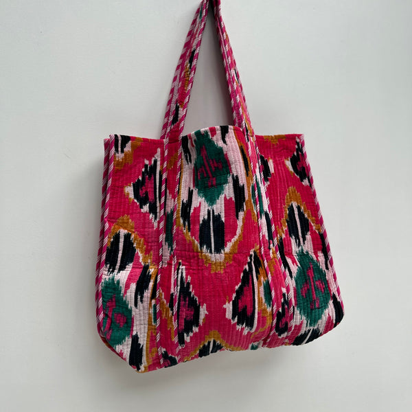 Raspberry Pink Ikat Print Velvet Tote Bag