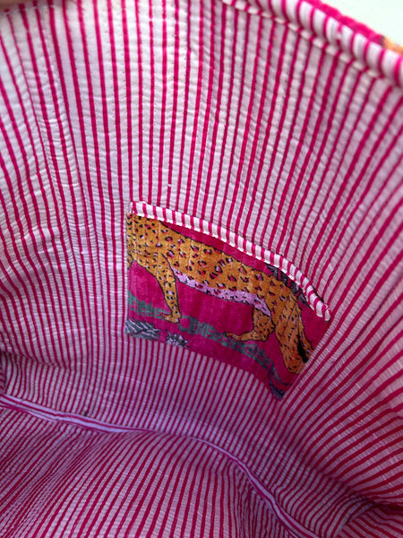 Pink jungle print velvet large tote bag inside pocket