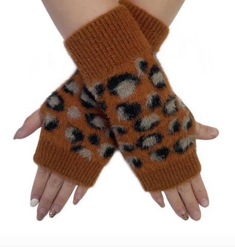 Rust Leopard Print Knit Hand Warmers