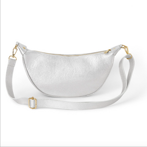 Silver Leather Crescent Crossbody Bag