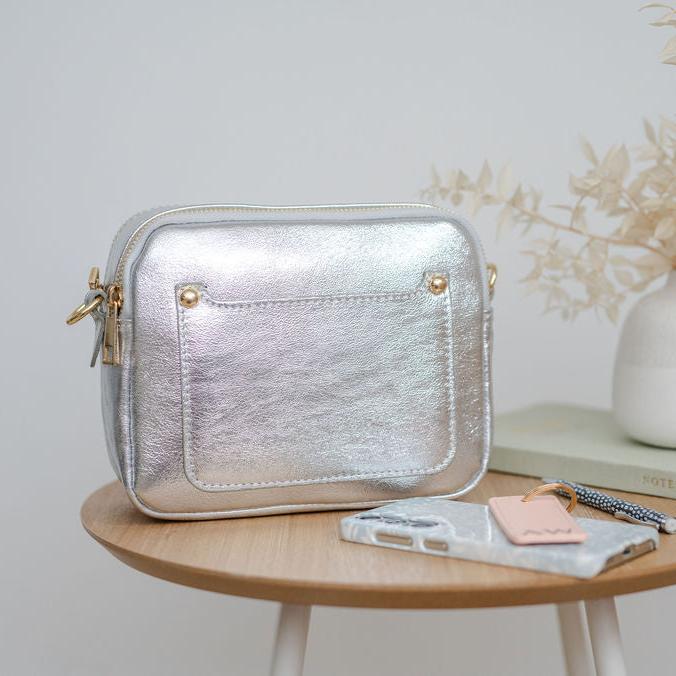 Silver Leather Double Zip Cross Body Bag