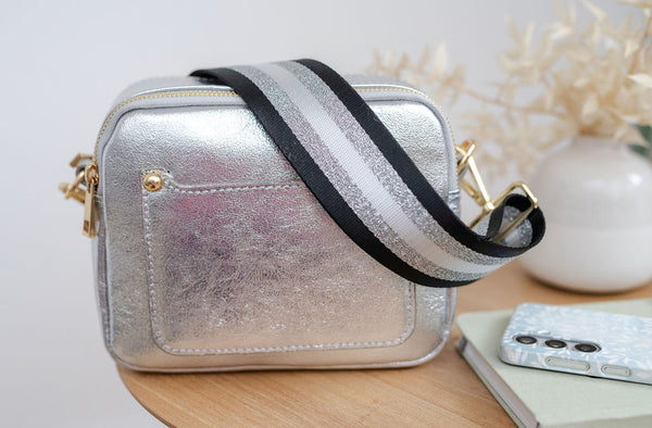 Silver Leather Double Zip Cross Body Bag