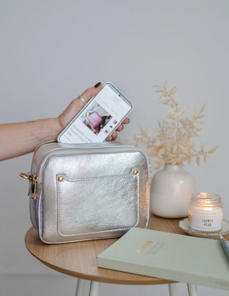 Silver Leather Double Zip Cross Body Bag