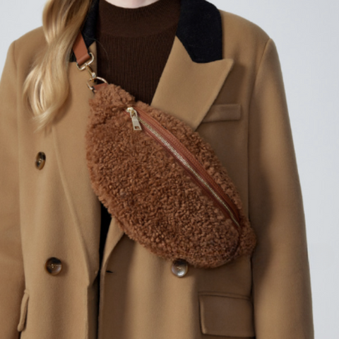 Tan Shearling Waist Crossbody Bag